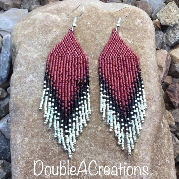 Deep Red and Silver Beaded Earrings with Fringe, New, Handmade by Me - Picture 4 of 9